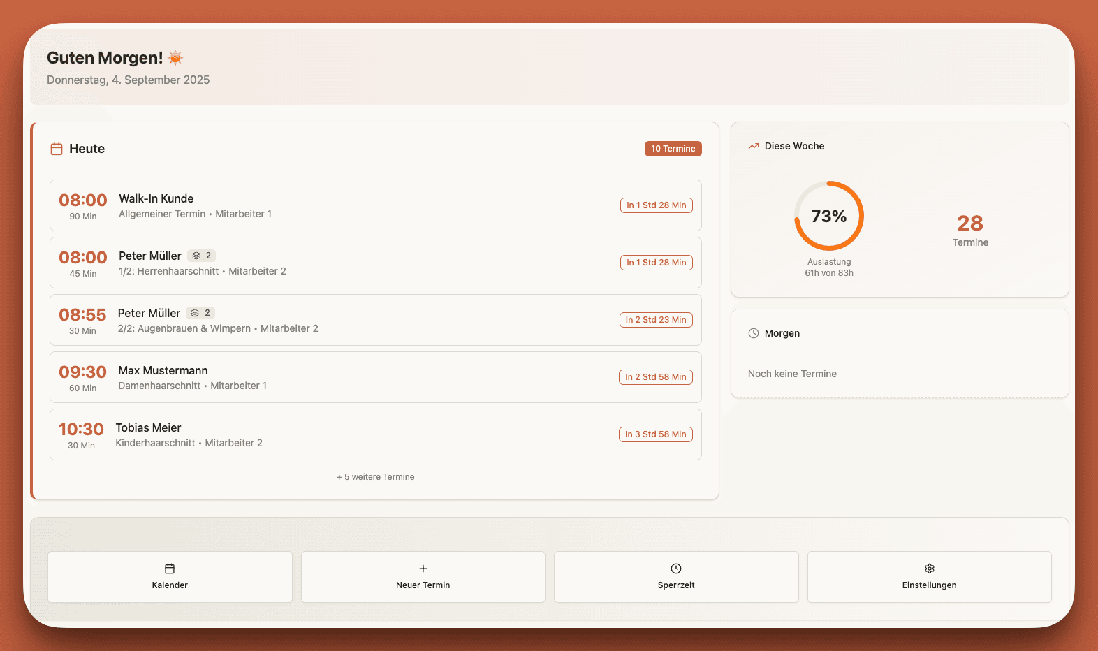 nauw Dashboard - Appointment booking interface showing daily schedule, client management, and analytics